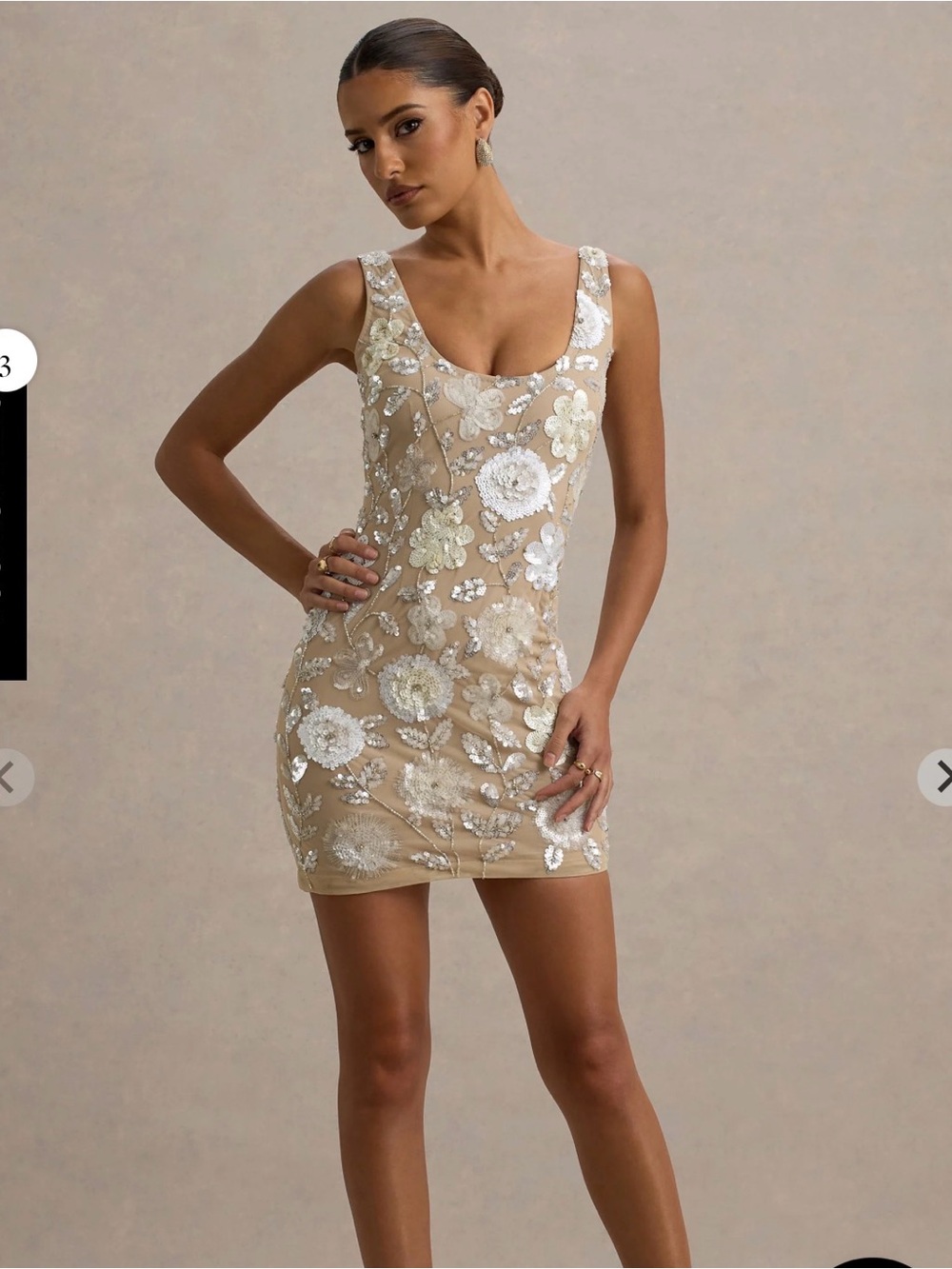 Club L London Nude Mini Dress with White Sequin Floral Embroidery